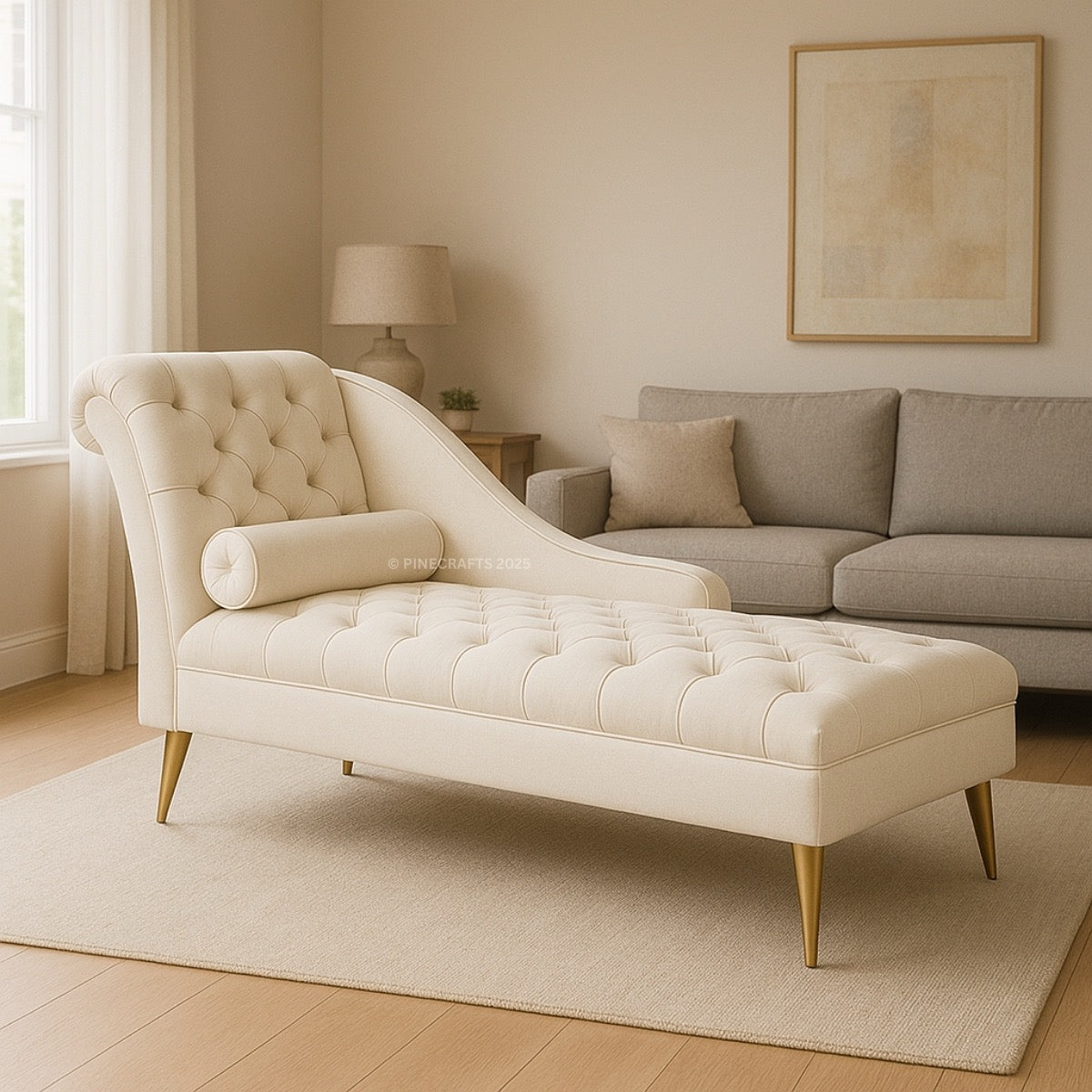Beige chaise lounge in a living room setting with a gray sofa and lamp.